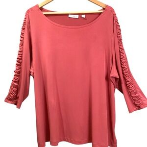 Susan Graver Liquid Knit Ruched 3/4 Sleeve Pullover Top Size 2X Dusty Rose